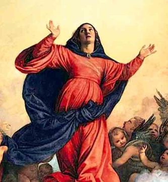 La Virgen María es elevada al cielo en cuerpo y alma por multitud de ángeles