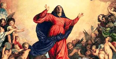 La Virgen María es elevada al cielo en cuerpo y alma por multitud de ángeles