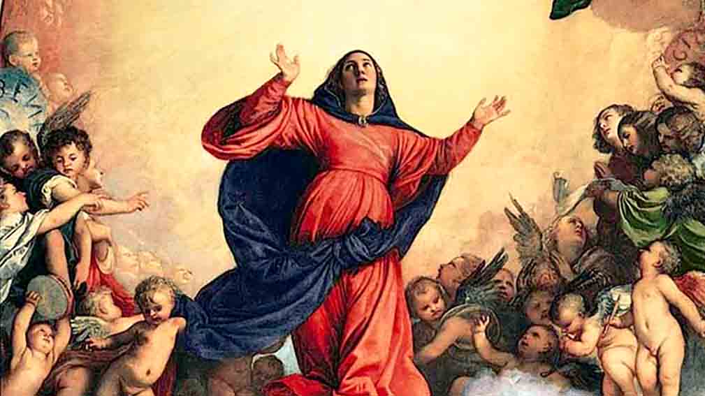 La Virgen María es elevada al cielo en cuerpo y alma por multitud de ángeles