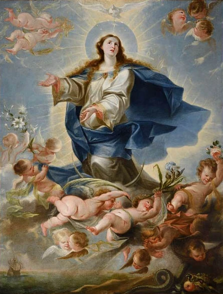 María es subida al cielo por multitud de ángeles celestiales